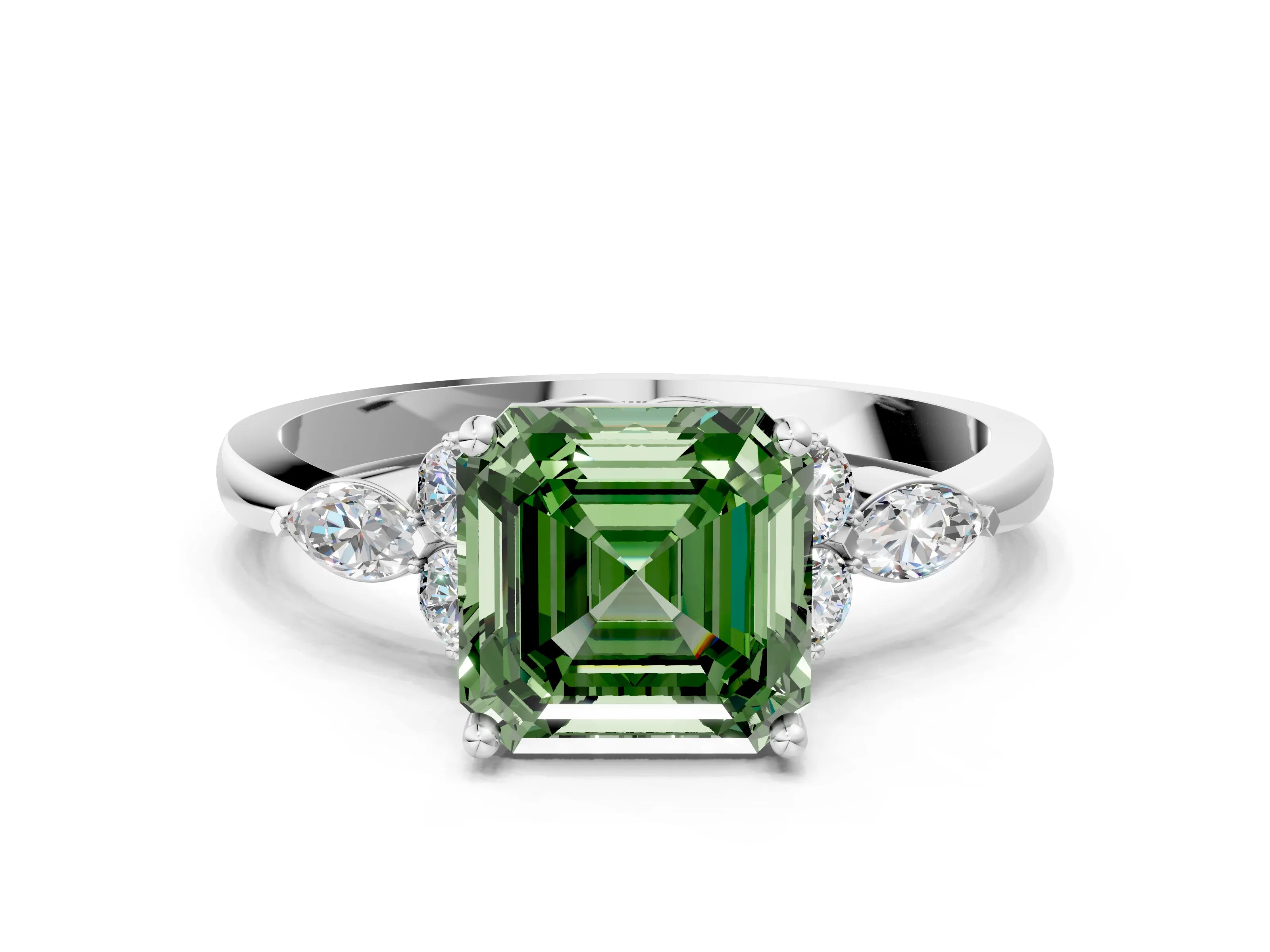 White gold Fancy Green Asscher Cut Brilliant Diamond Solitaire Ring with Pear Side Stones and Four-Prong Setting_42