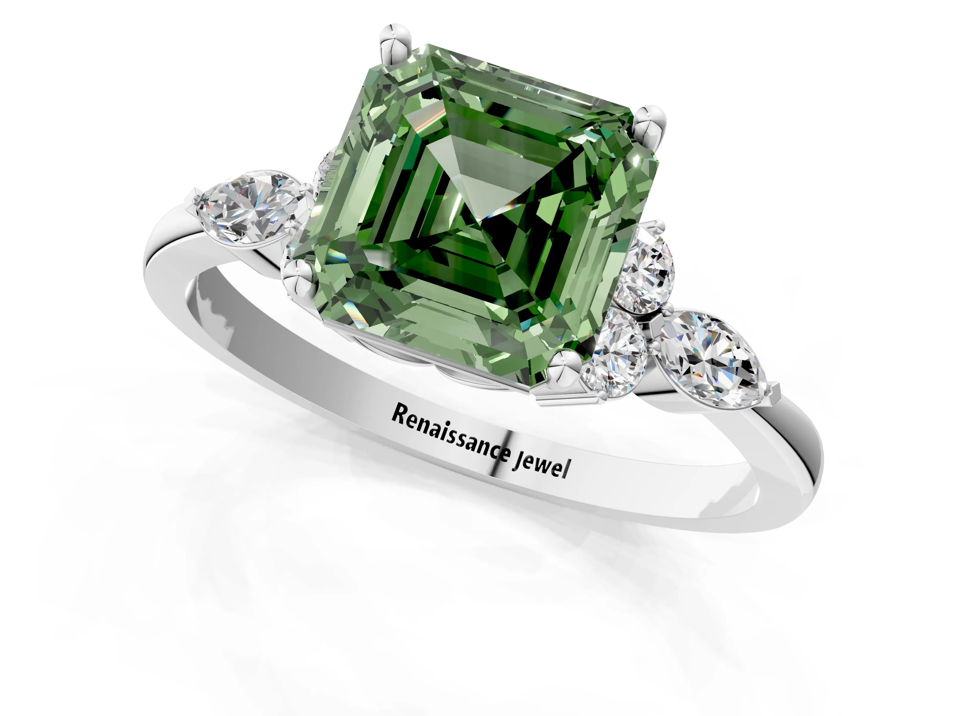White gold Fancy Green Asscher Cut Brilliant Diamond Solitaire Ring with Pear Side Stones and Four-Prong Setting_43
