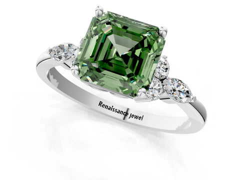 White gold Fancy Green Asscher Cut Brilliant Diamond Solitaire Ring with Pear Side Stones and Four-Prong Setting_43