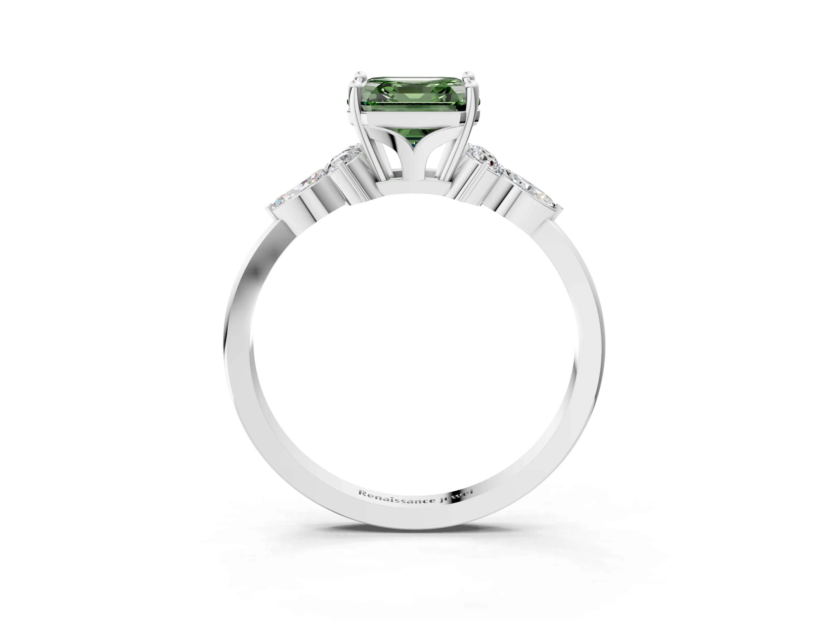 White gold Fancy Green Asscher Cut Brilliant Diamond Solitaire Ring with Pear Side Stones and Four-Prong Setting_45