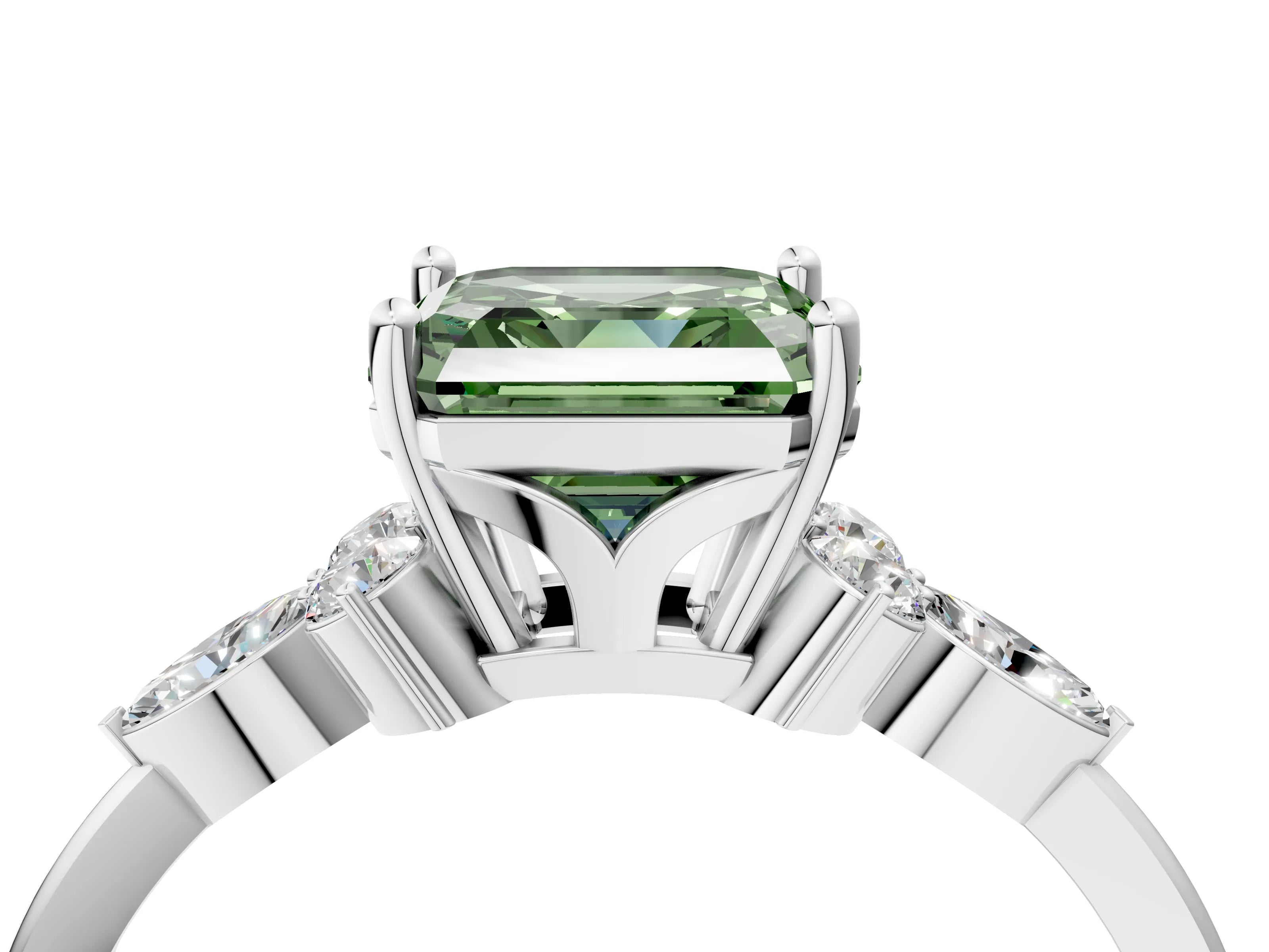 White gold Fancy Green Asscher Cut Brilliant Diamond Solitaire Ring with Pear Side Stones and Four-Prong Setting_46