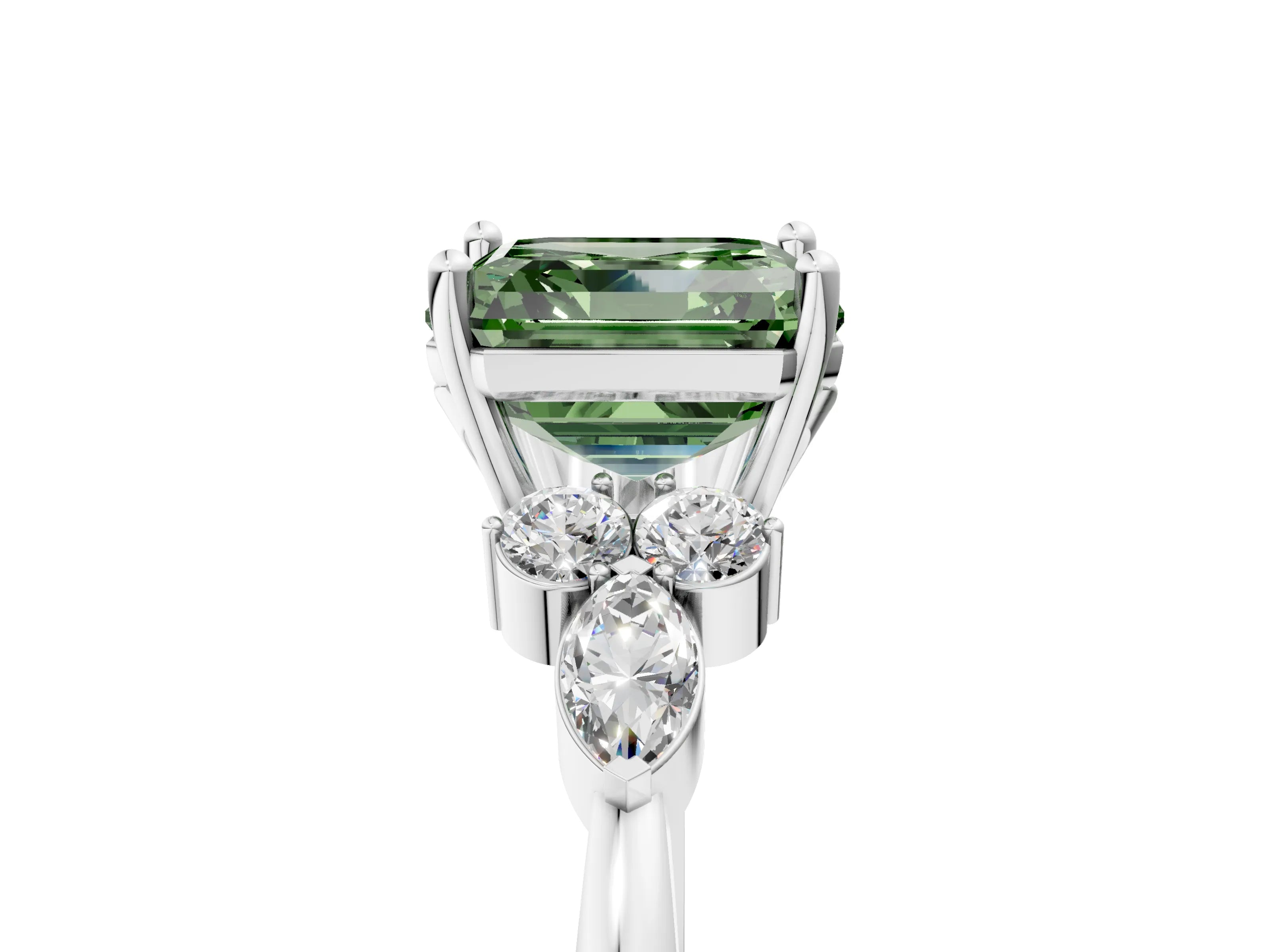 White gold Fancy Green Asscher Cut Brilliant Diamond Solitaire Ring with Pear Side Stones and Four-Prong Setting_47