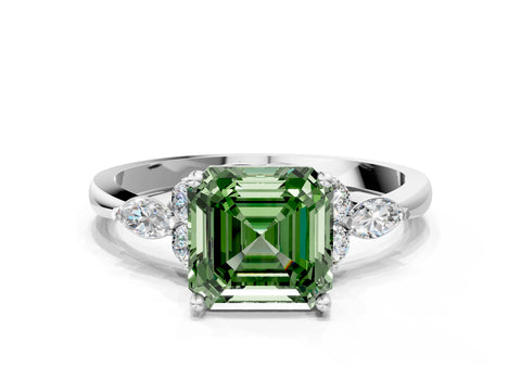 White gold Fancy Green Asscher Cut Brilliant Diamond Solitaire Ring with Pear Side Stones and Four-Prong Setting_6