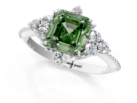 White gold Fancy Green Asscher Cut Brilliant Diamond with Cluster Setting on a Beaded Band and Four-Prong Setting_1