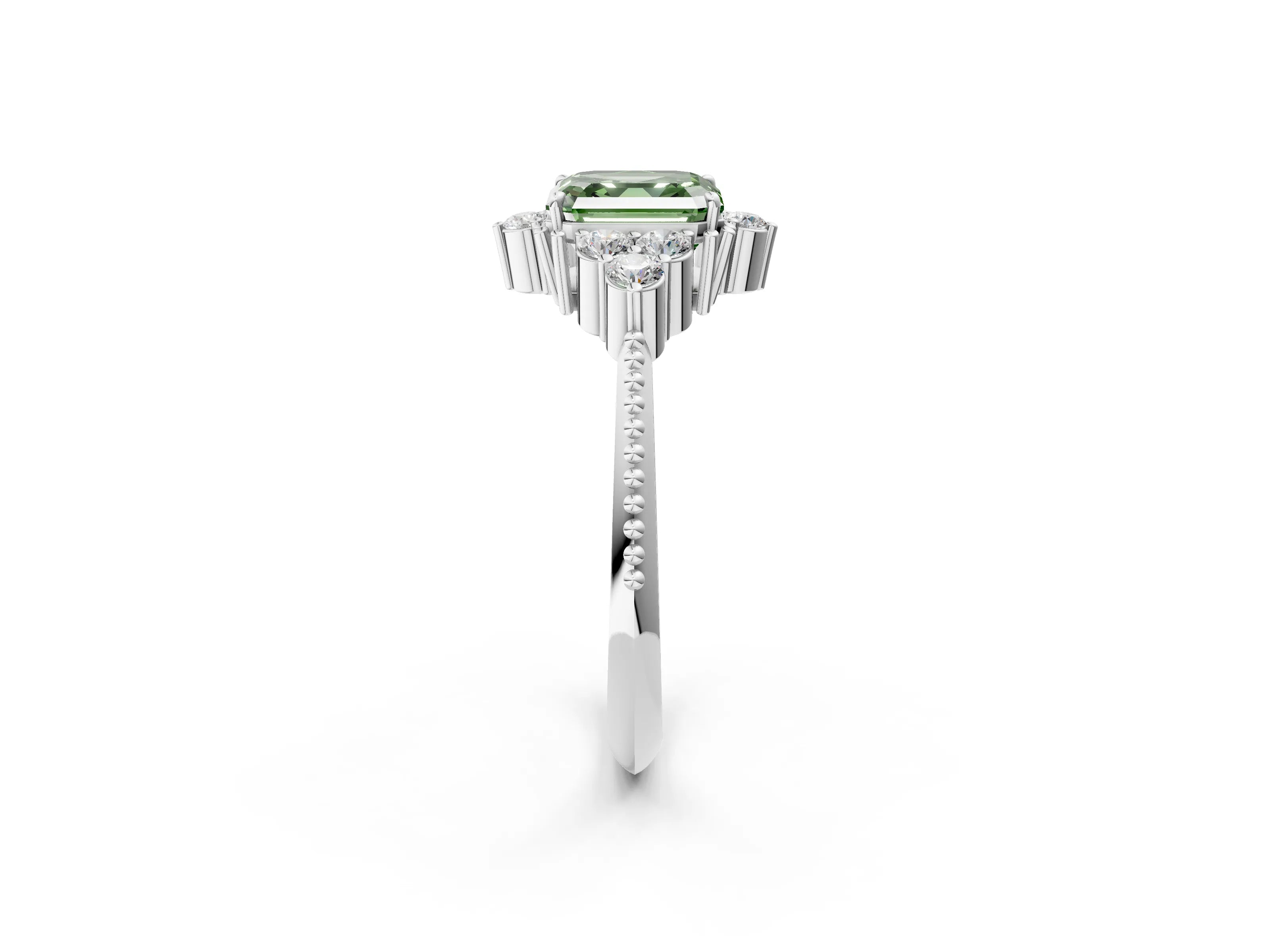 White gold Fancy Green Asscher Cut Brilliant Diamond with Cluster Setting on a Beaded Band and Four-Prong Setting_2