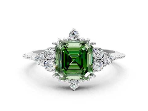White gold Fancy Green Asscher Cut Brilliant Diamond with Cluster Setting on a Beaded Band and Four-Prong Setting_24
