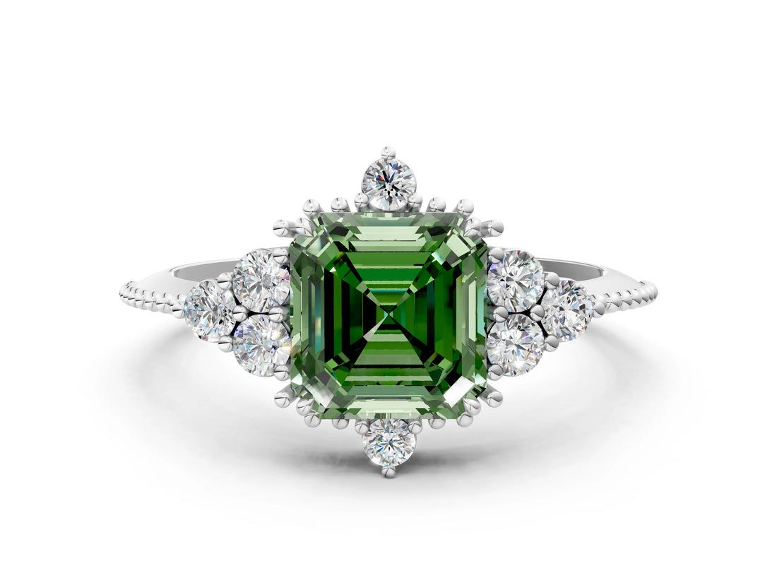 White gold Fancy Green Asscher Cut Brilliant Diamond with Cluster Setting on a Beaded Band and Four-Prong Setting_24