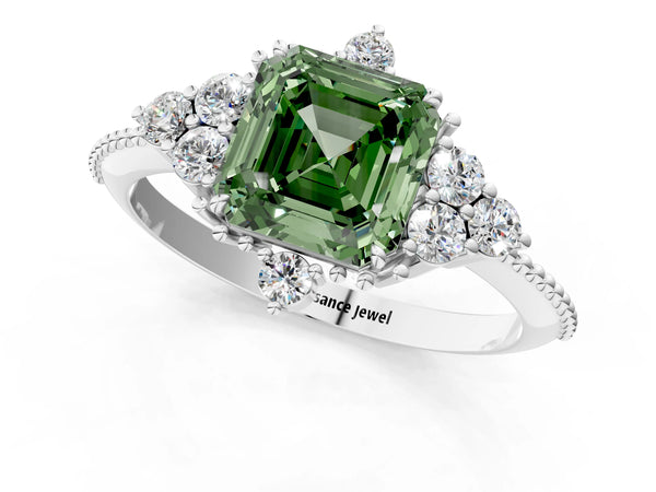 Platinum Asscher Cut Vintage Cluster Engagement Ring Setting for Fancy Green Center with Beaded Band