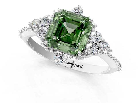 White gold Fancy Green Asscher Cut Brilliant Diamond with Cluster Setting on a Beaded Band and Four-Prong Setting_25