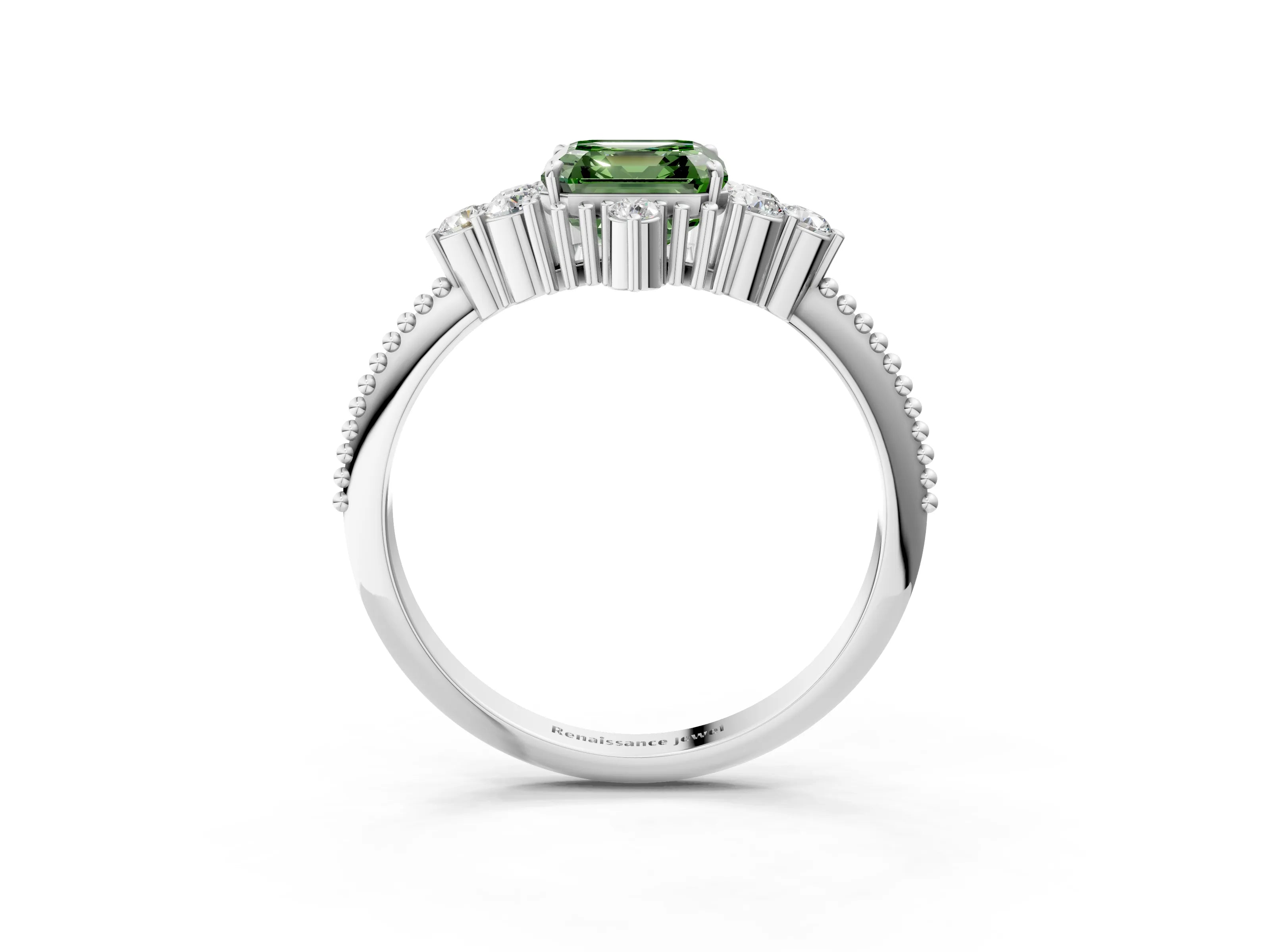 White gold Fancy Green Asscher Cut Brilliant Diamond with Cluster Setting on a Beaded Band and Four-Prong Setting_3
