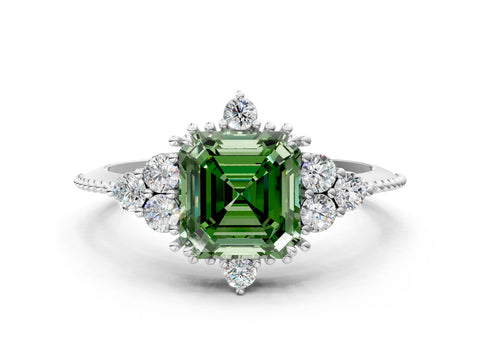 White gold Fancy Green Asscher Cut Brilliant Diamond with Cluster Setting on a Beaded Band and Four-Prong Setting