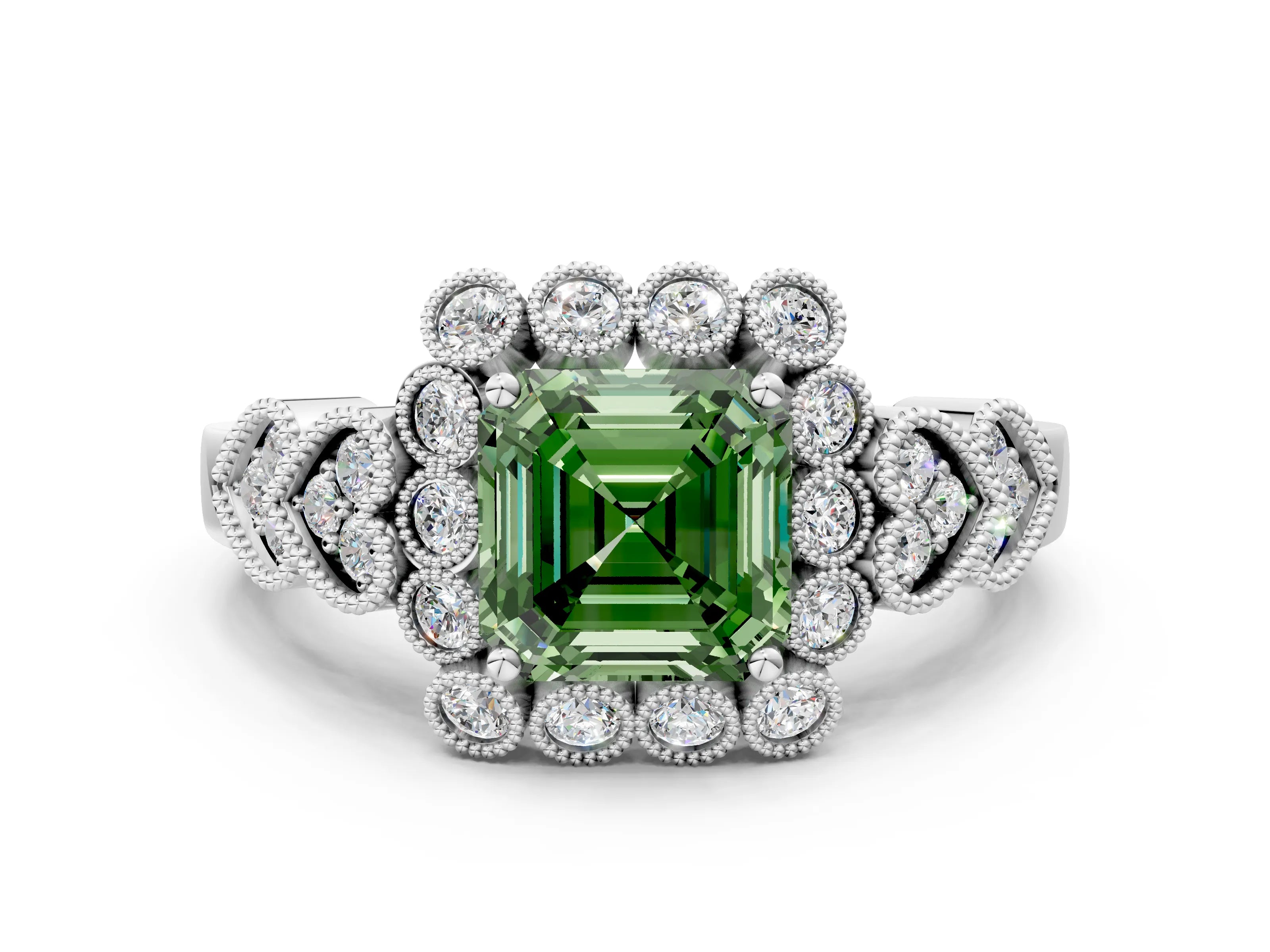 White gold Fancy Green Asscher Cut Brilliant Milgrain Pave Heart Band Solitaire Ring_12