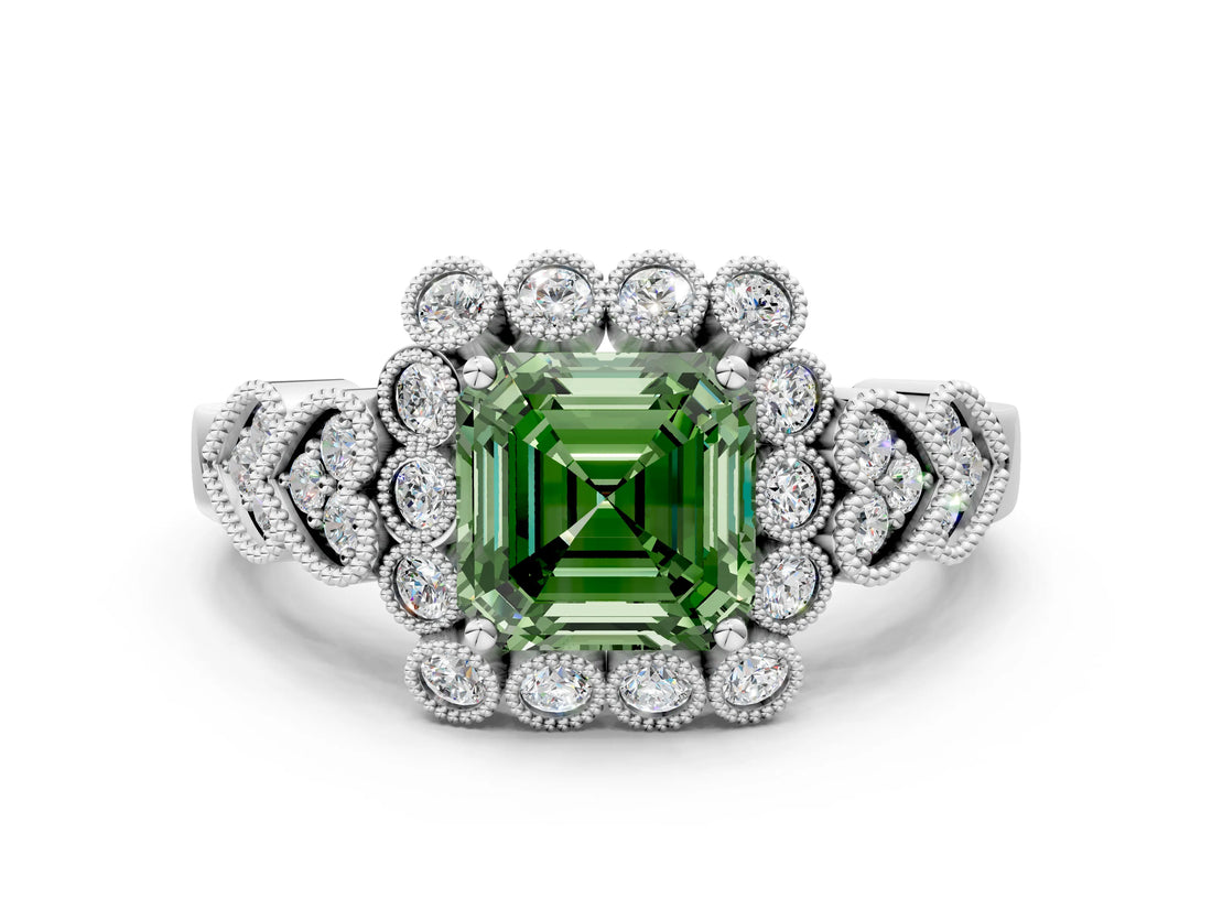 White gold Fancy Green Asscher Cut Brilliant Milgrain Pave Heart Band Solitaire Ring_12