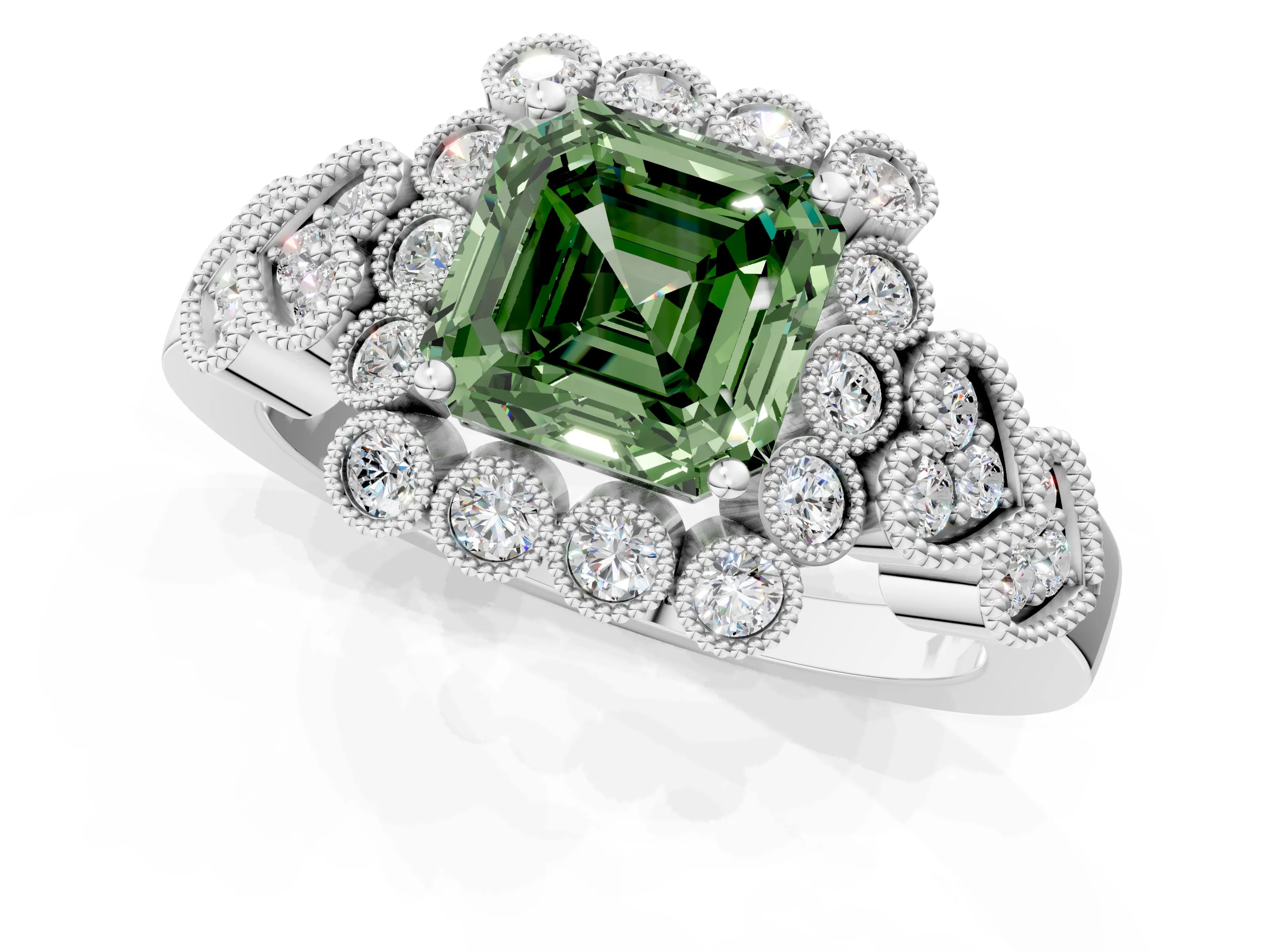 White gold Fancy Green Asscher Cut Brilliant Milgrain Pave Heart Band Solitaire Ring_13