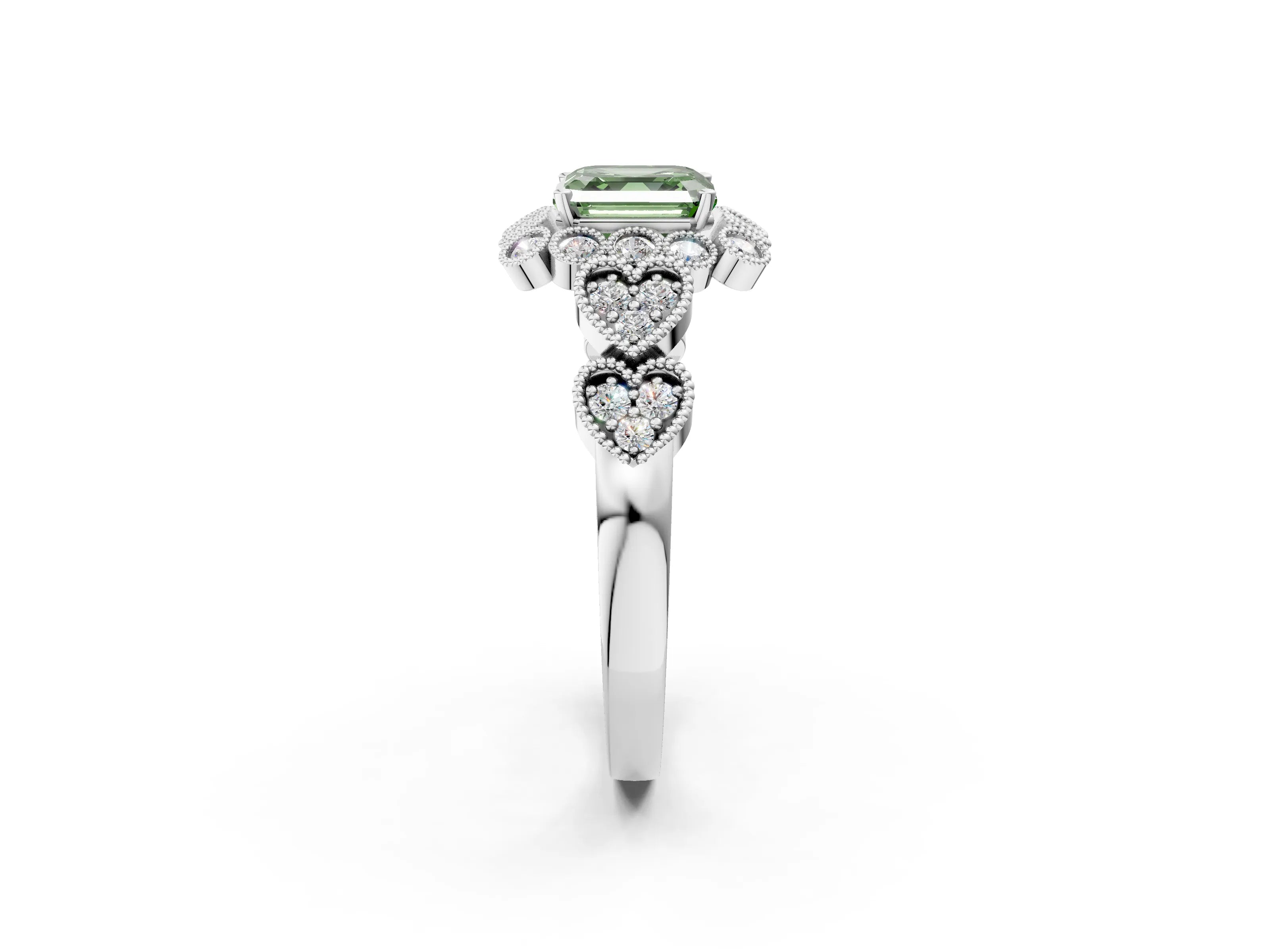 White gold Fancy Green Asscher Cut Brilliant Milgrain Pave Heart Band Solitaire Ring_14