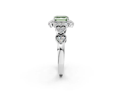 White gold Fancy Green Asscher Cut Brilliant Milgrain Pave Heart Band Solitaire Ring_14