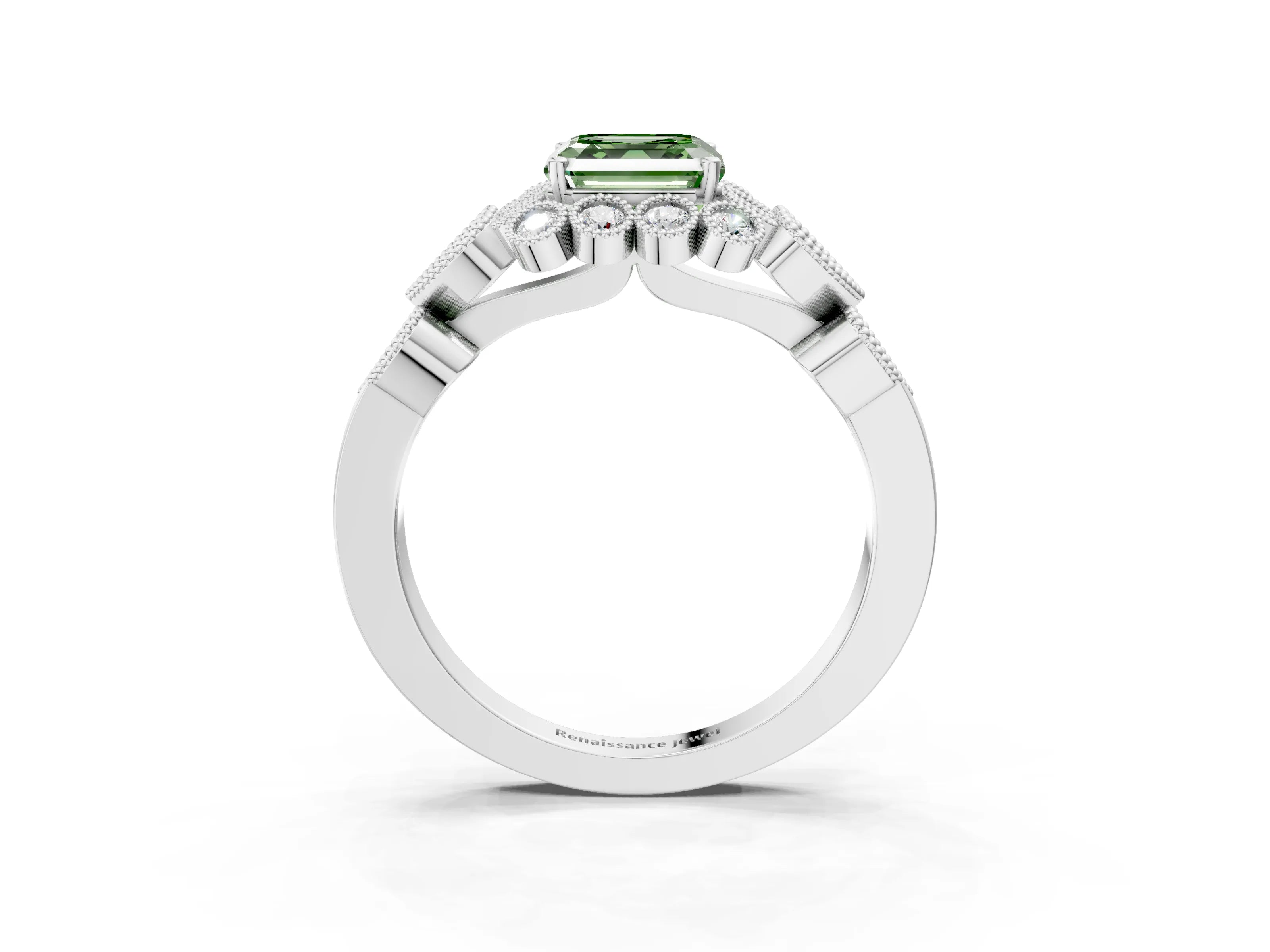 White gold Fancy Green Asscher Cut Brilliant Milgrain Pave Heart Band Solitaire Ring_15