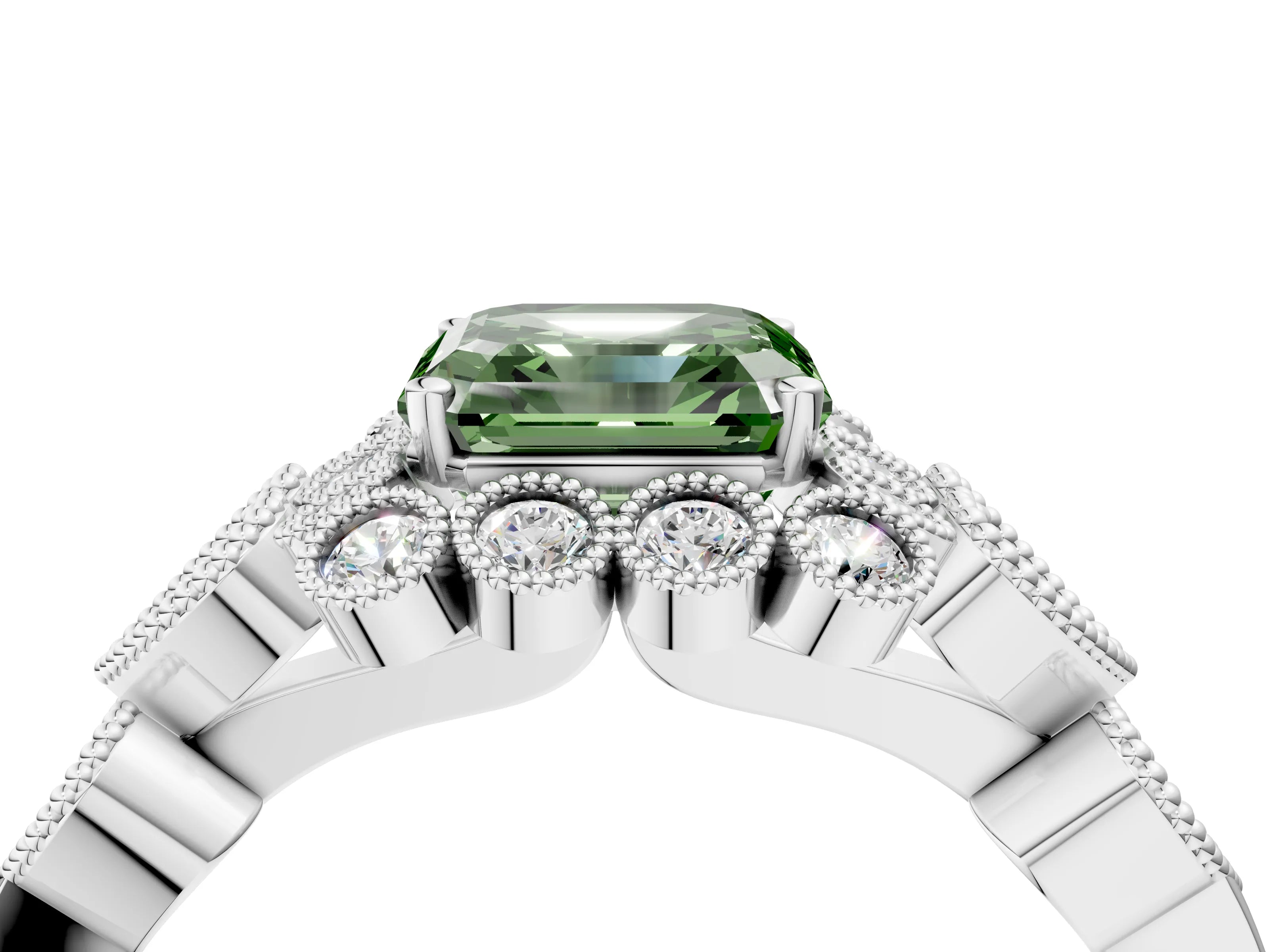 White gold Fancy Green Asscher Cut Brilliant Milgrain Pave Heart Band Solitaire Ring_16