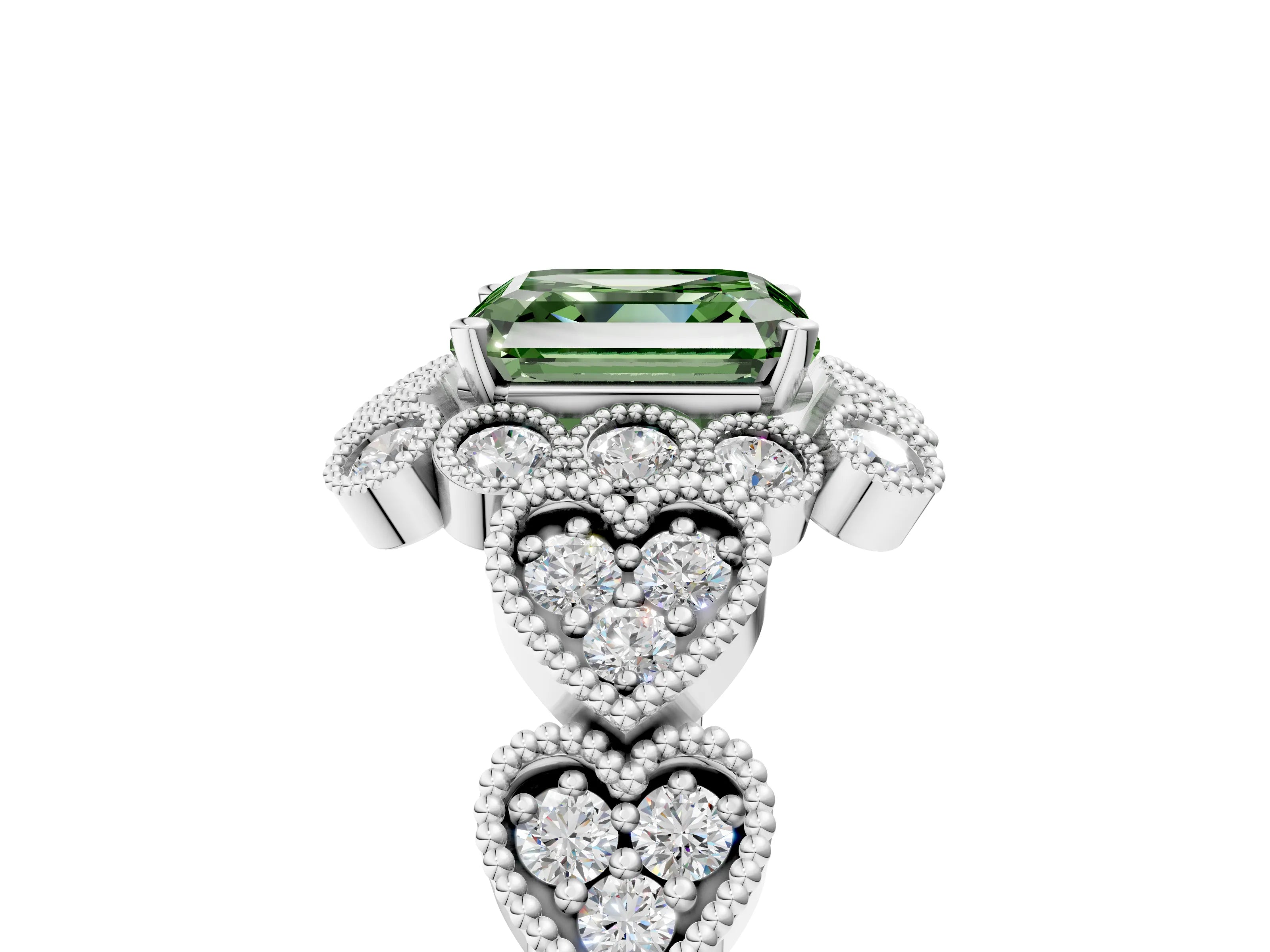 White gold Fancy Green Asscher Cut Brilliant Milgrain Pave Heart Band Solitaire Ring_17