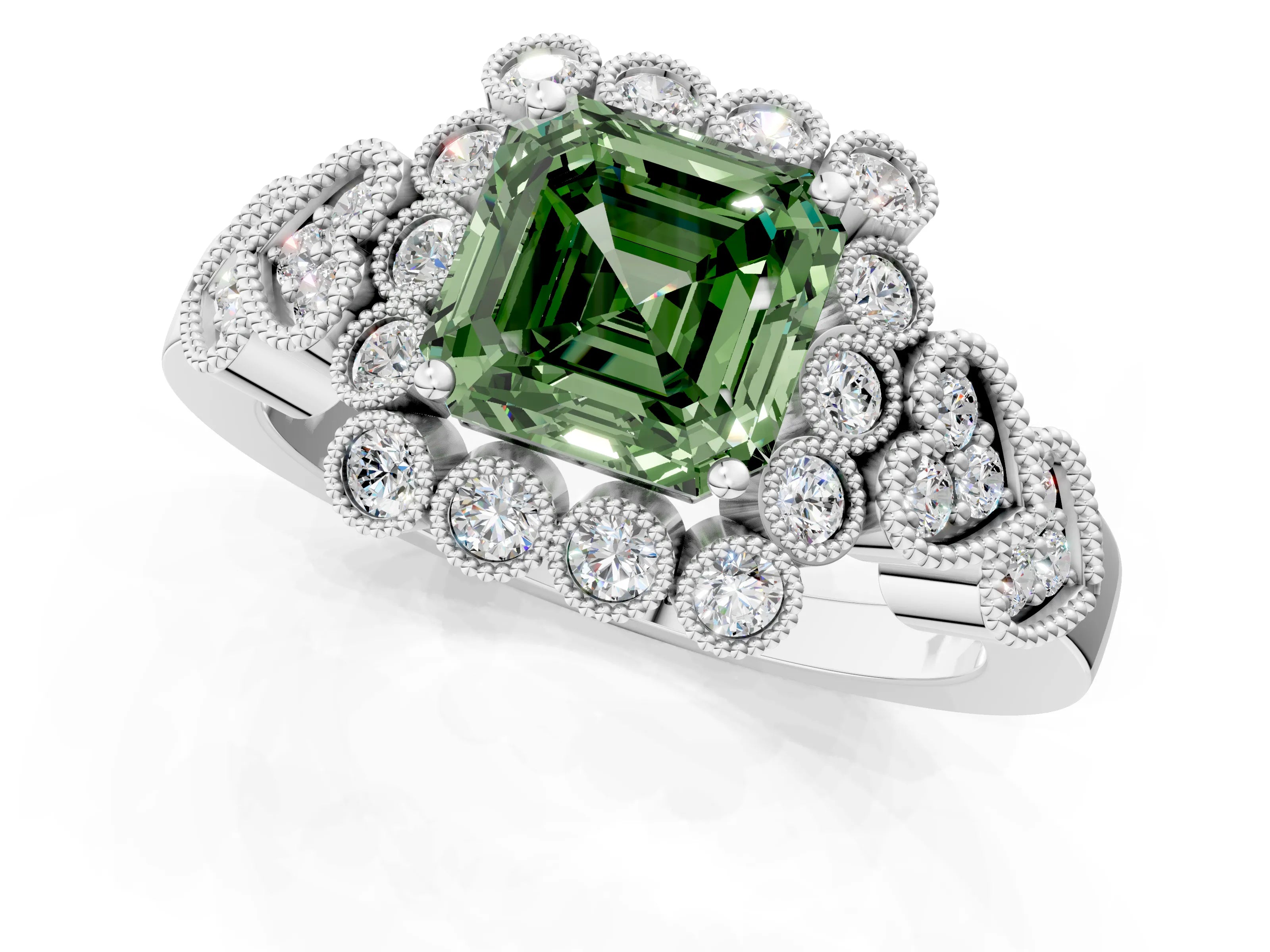 White gold Fancy Green Asscher Cut Brilliant Milgrain Pave Heart Band Solitaire Ring_1