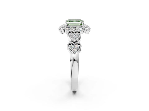 White gold Fancy Green Asscher Cut Brilliant Milgrain Pave Heart Band Solitaire Ring_2