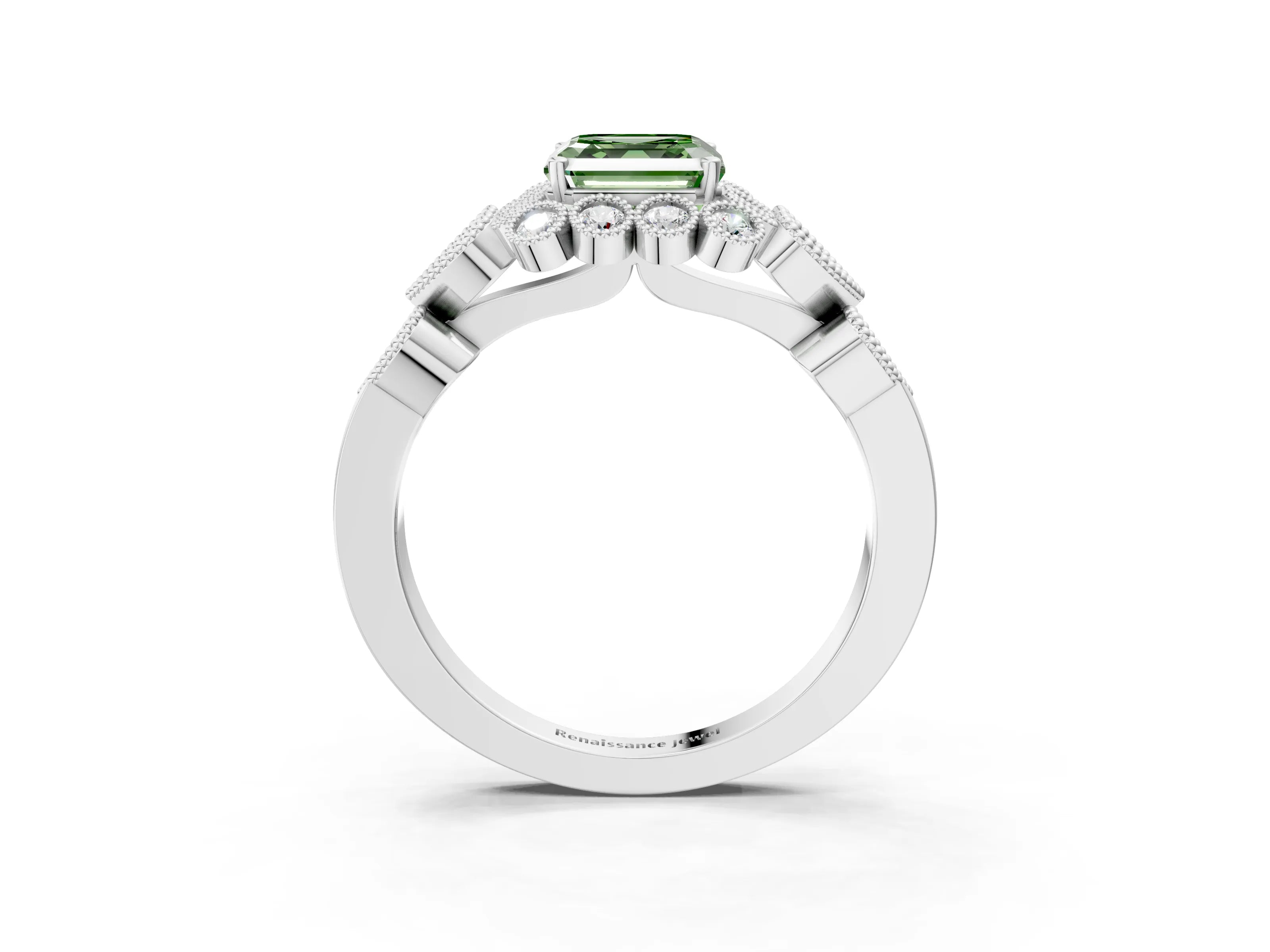 White gold Fancy Green Asscher Cut Brilliant Milgrain Pave Heart Band Solitaire Ring_3