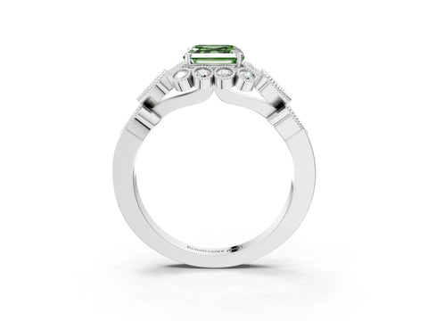 White gold Fancy Green Asscher Cut Brilliant Milgrain Pave Heart Band Solitaire Ring_3