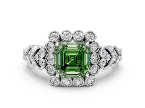 White gold Fancy Green Asscher Cut Brilliant Milgrain Pave Heart Band Solitaire Ring