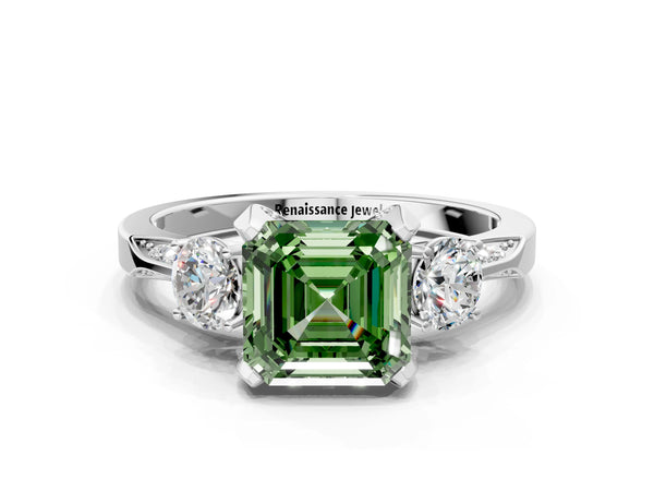 Platinum Asscher Cut Three Stone Hidden Halo Engagement Ring Setting for Fancy Green Center