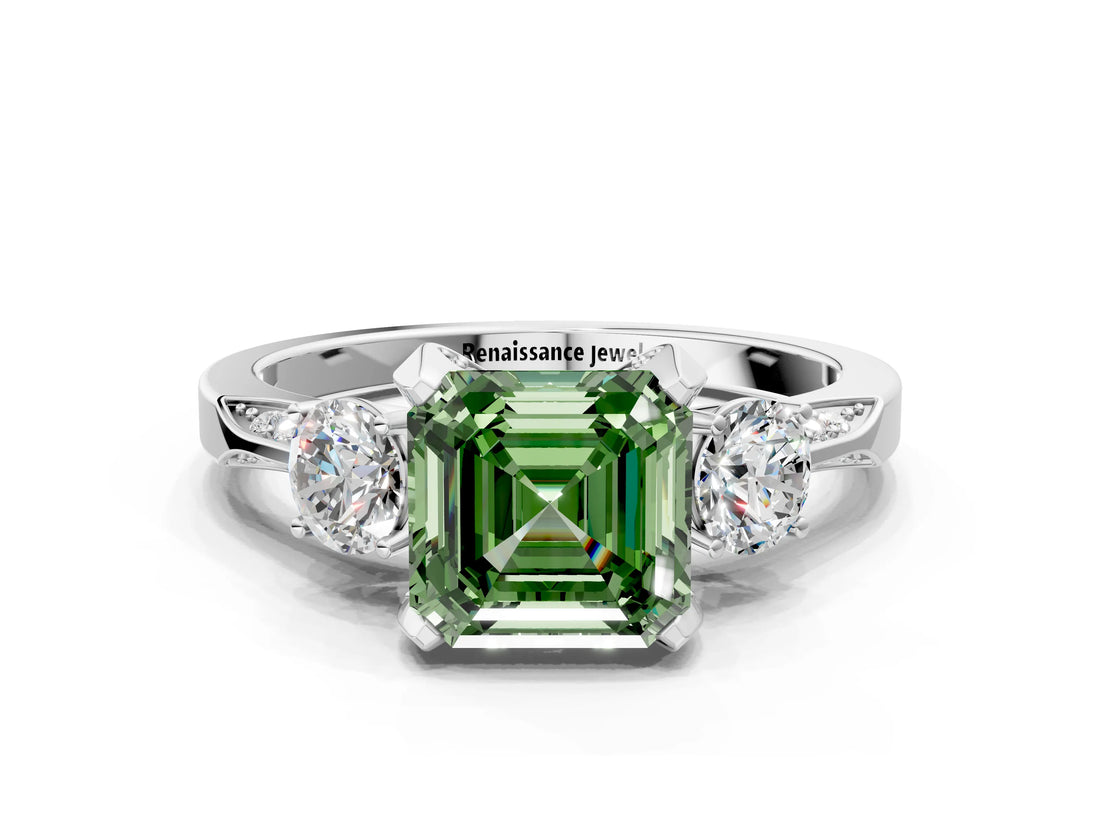 White gold Fancy Green Asscher Cut Brilliant Three-Stone Diamond Ring with Pavé Band and Four-Prong Setting_15