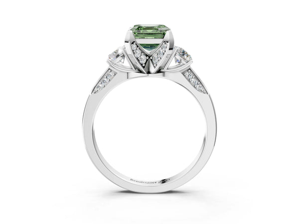 Platinum Asscher Cut Three Stone Hidden Halo Engagement Ring Setting for Fancy Green Center