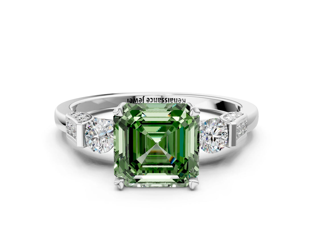 White gold Fancy Green Asscher Cut Brilliant Three-Stone Pave Band with Four-Prong Setting