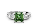 White gold Fancy Green Asscher Cut Brilliant Three-Stone Pave Band with Four-Prong Setting