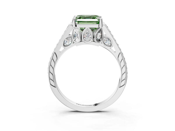 Platinum Asscher Cut Cathedral Engagement Ring Setting for Fancy Green Center with Pave Shoulders