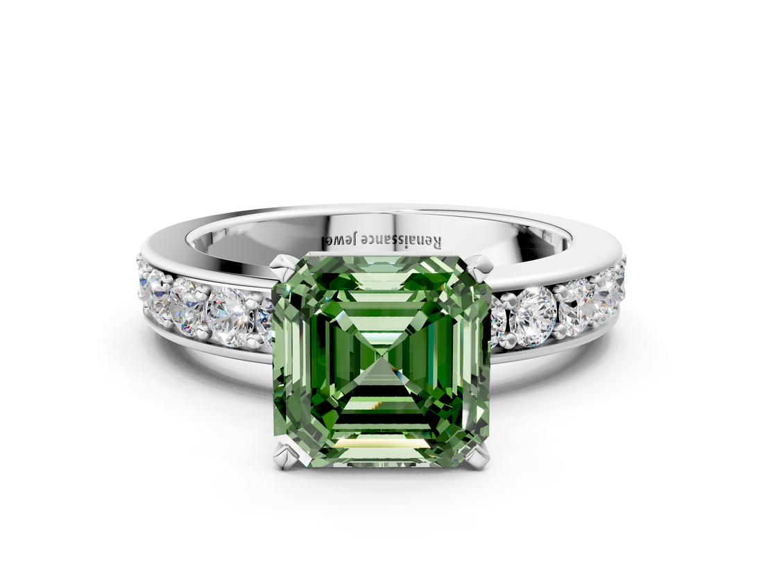 White gold Fancy Green Asscher  Cut Channel Set Diamond Engagement Ring with Four-Prong Setting