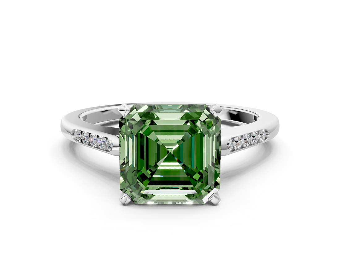 White gold Fancy Green Asscher  Cut Channel Set Solitaire Engagement Ring with Four-Prong Setting