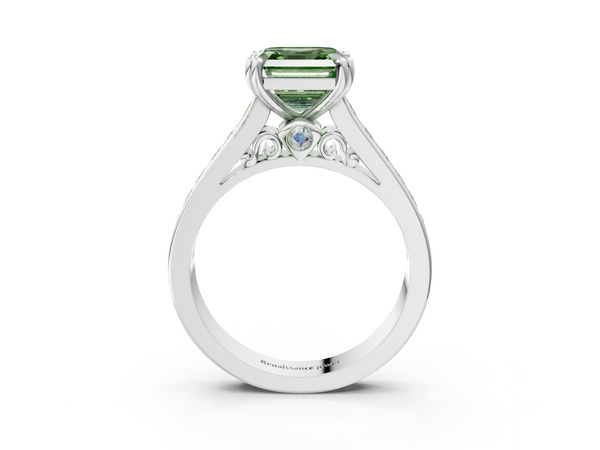Platinum Asscher Cut Channel Set Solitaire Engagement Ring Setting for Fancy Green Center with Double Claw Prongs