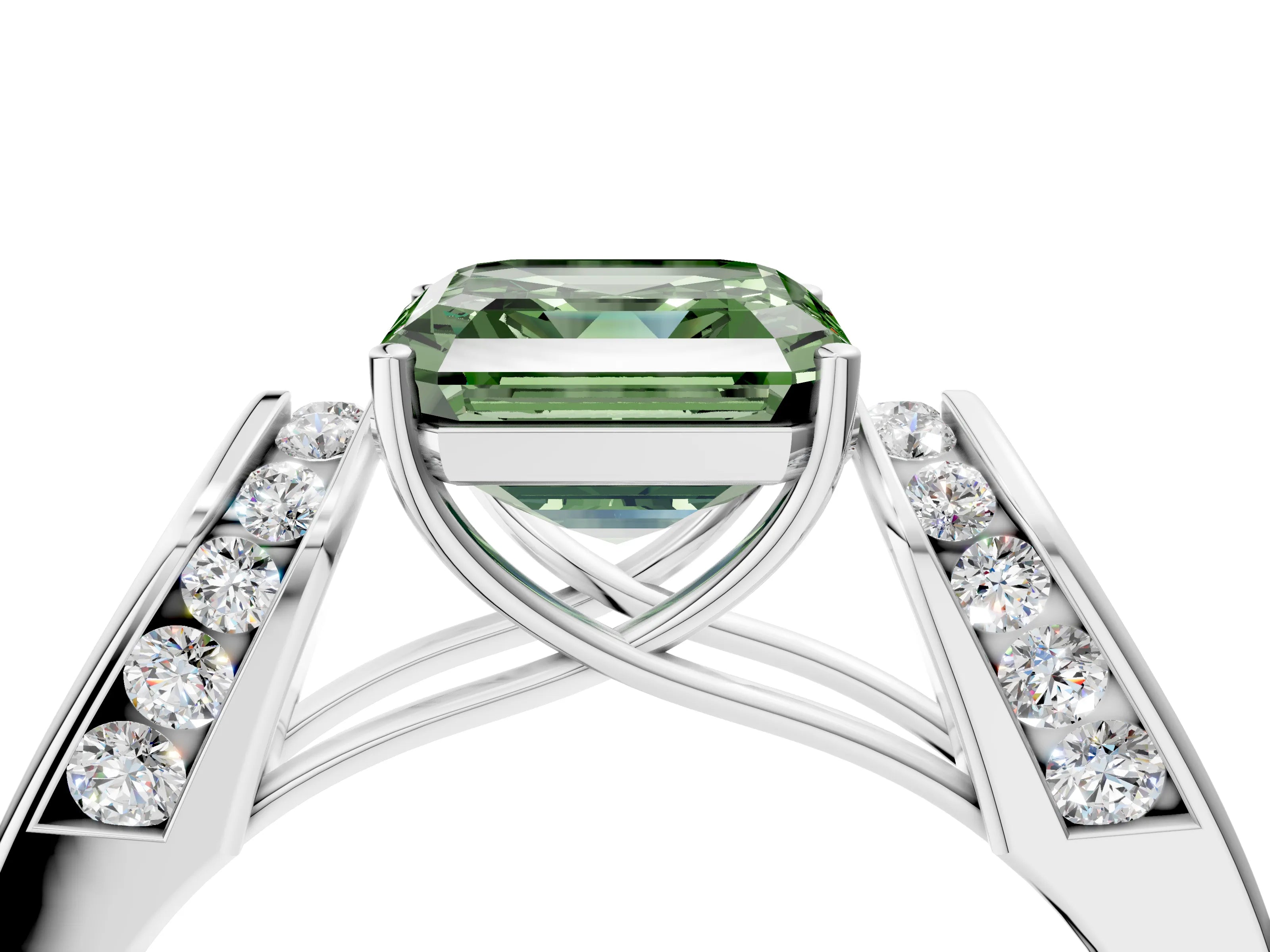 White gold Fancy Green Asscher Cut Cut Diamond Channel Set Solitaire Ring with Four-Prong Setting_4