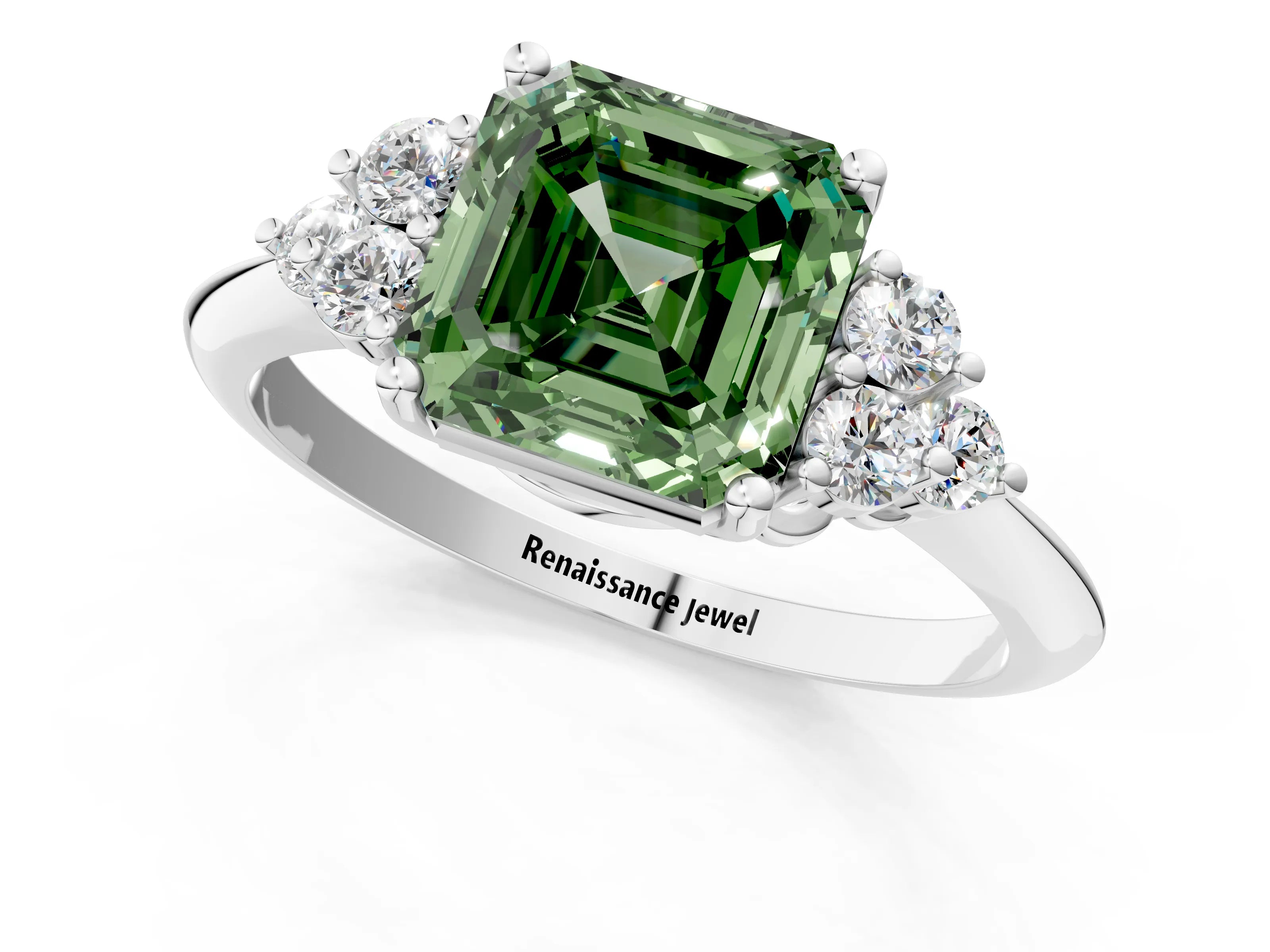 White gold Fancy Green Asscher Cut Cut Diamond Cluster Ring with Solitaire Band and Four-Prong Setting_1