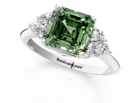 White gold Fancy Green Asscher Cut Cut Diamond Cluster Ring with Solitaire Band and Four-Prong Setting_1