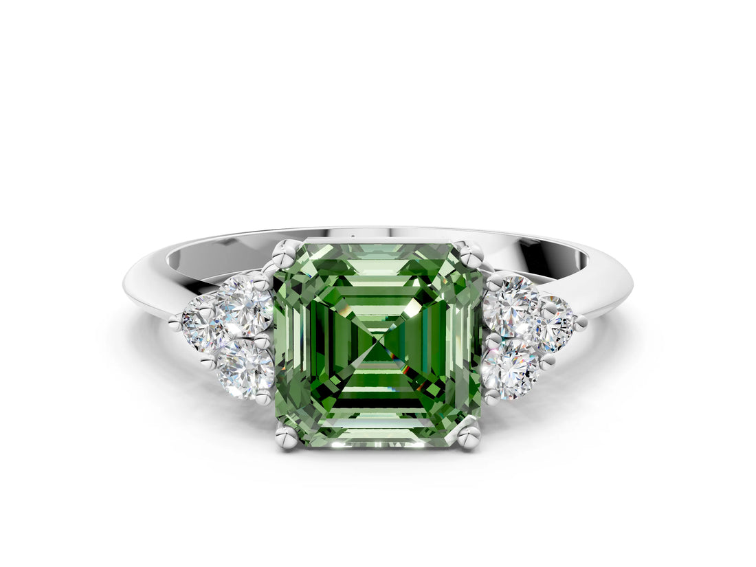 White gold Fancy Green Asscher Cut Cut Diamond Cluster Ring with Solitaire Band and Four-Prong Setting_24