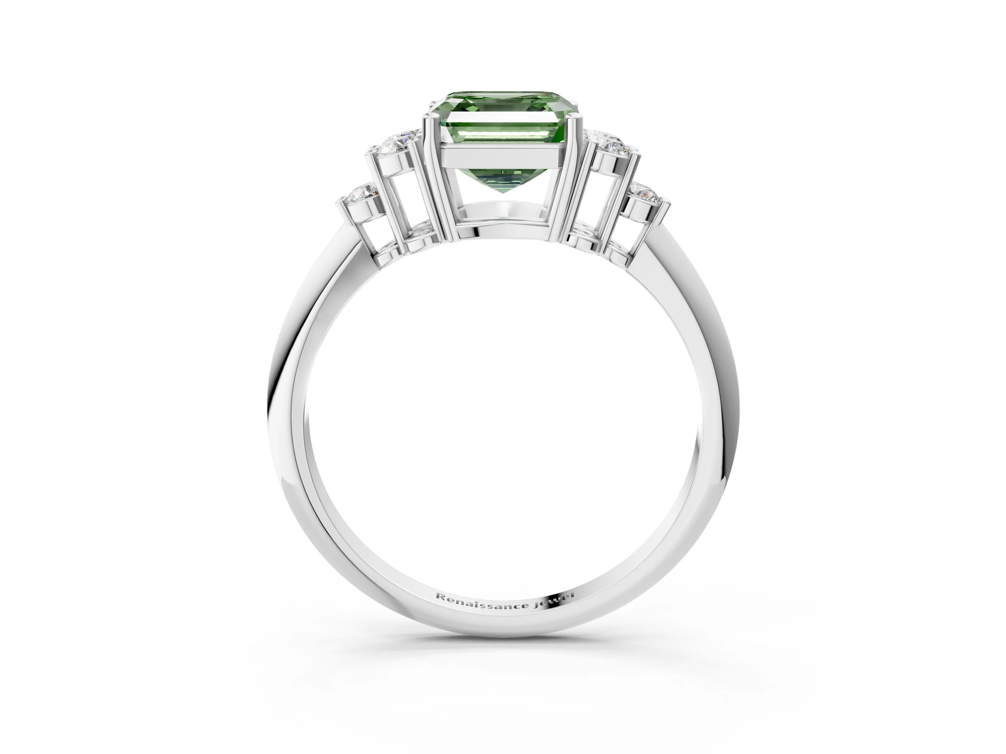 White gold Fancy Green Asscher Cut Cut Diamond Cluster Ring with Solitaire Band and Four-Prong Setting_3