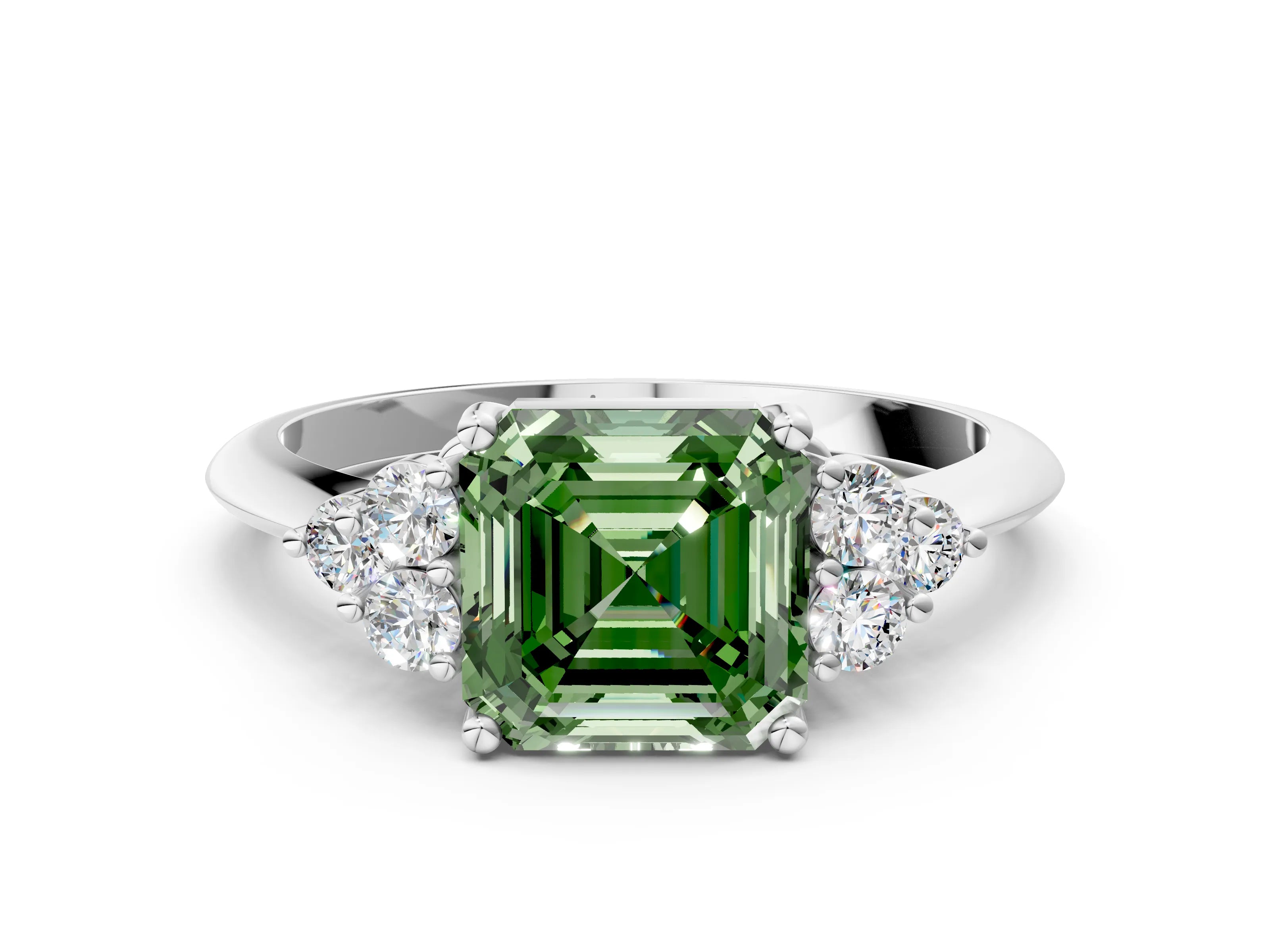 White gold Fancy Green Asscher Cut Cut Diamond Cluster Ring with Solitaire Band and Four-Prong Setting