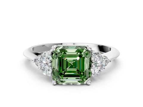 White gold Fancy Green Asscher Cut Cut Diamond Cluster Ring with Solitaire Band and Four-Prong Setting