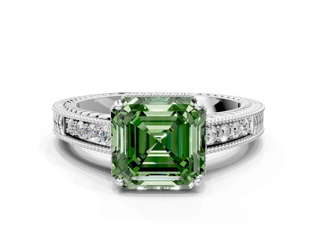 White gold Fancy Green Asscher Cut Cut Diamond Milgrain Pave Band Four-Prong Setting Ring_27