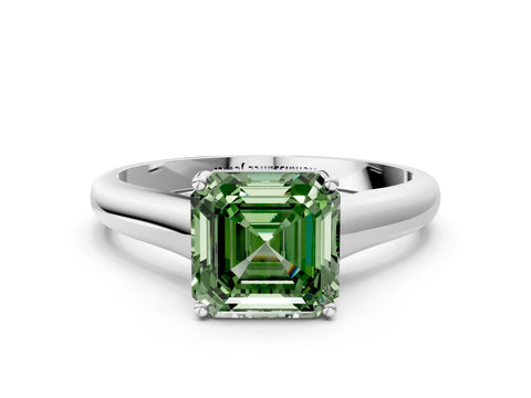 White gold Fancy Green Asscher Cut Cut Diamond Solitaire Engagement Ring with Tapered Plain Band and Four-Prong Setting