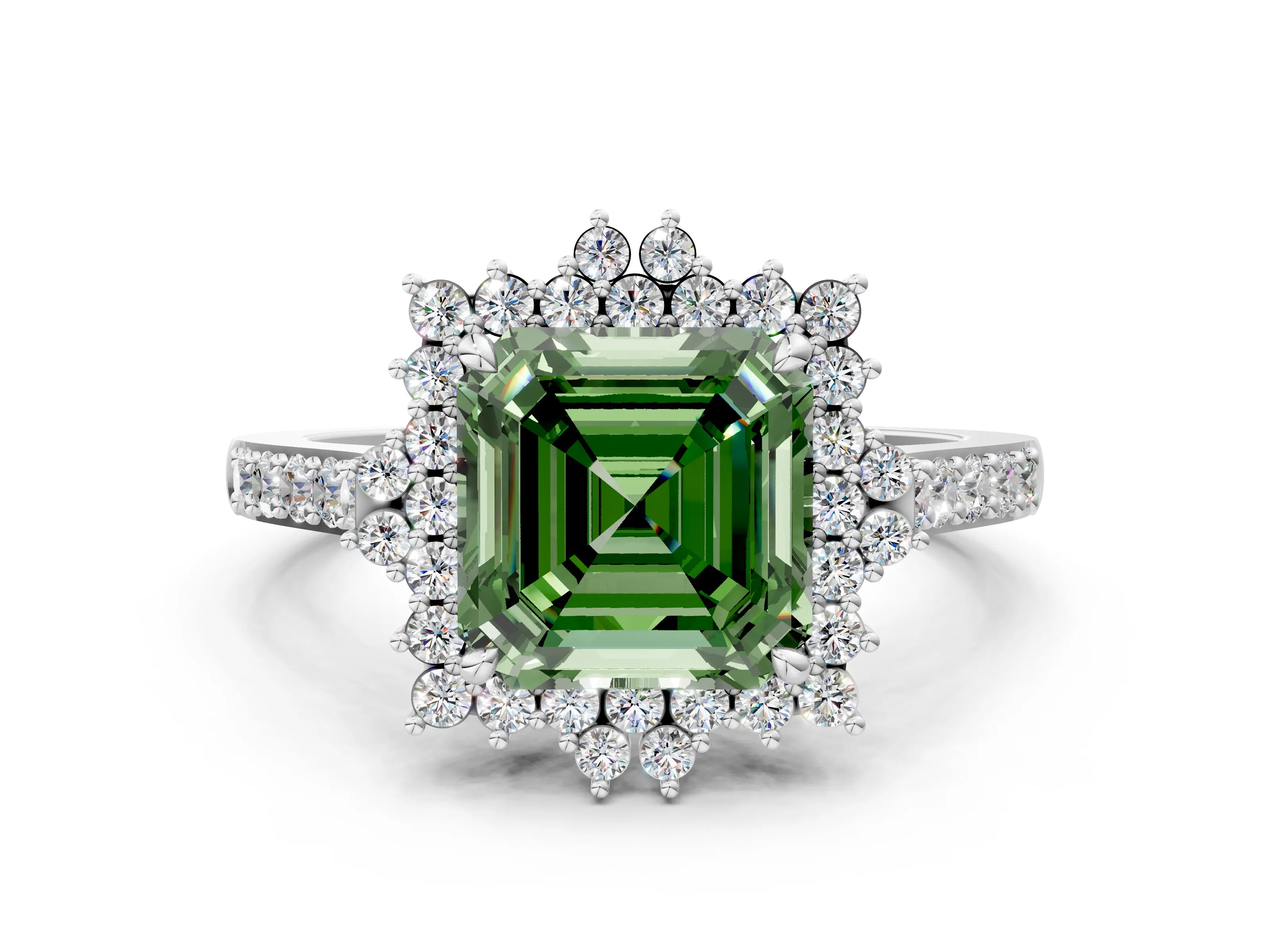 White gold Fancy Green Asscher Cut Cut Diamond Sunburst Halo Engagement Ring with Pavé Band_12
