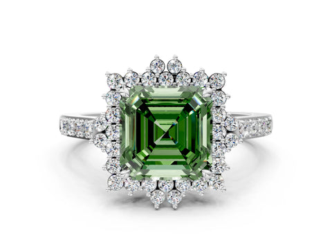 White gold Fancy Green Asscher Cut Cut Diamond Sunburst Halo Engagement Ring with Pavé Band_12