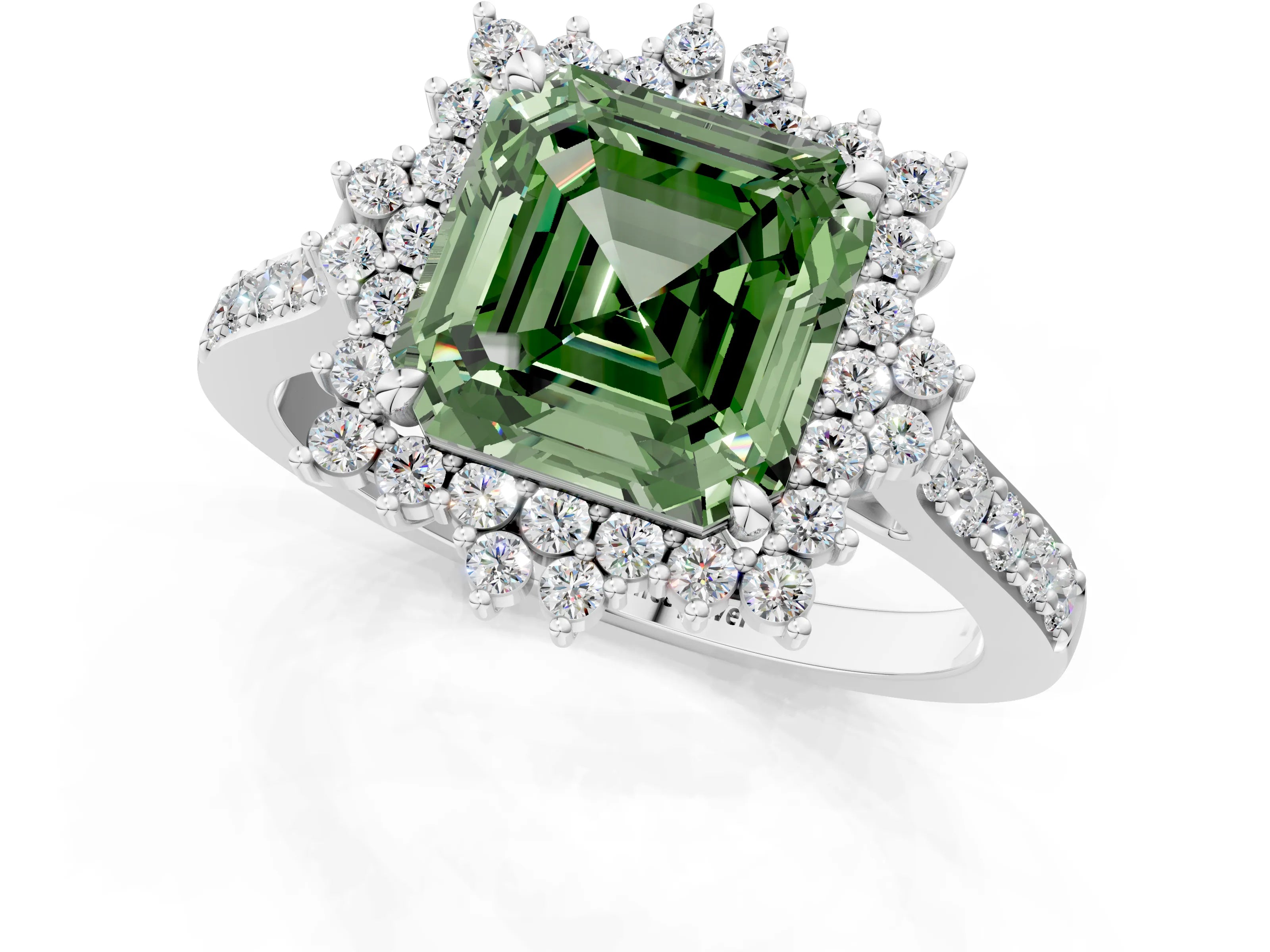 White gold Fancy Green Asscher Cut Cut Diamond Sunburst Halo Engagement Ring with Pavé Band_13