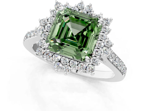 White gold Fancy Green Asscher Cut Cut Diamond Sunburst Halo Engagement Ring with Pavé Band_13